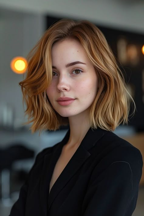 Glossy Strawberry Blonde Bob Strawberry Blonde Bob, Light Red Hair, Light Strawberry Blonde, Short Red Hair, Strawberry Blonde Hair Color, Short Hair Trends, Strawberry Blonde Hair, Haircut Inspiration, Short Hair Balayage