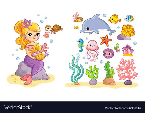 Animals Vector Illustration, Marine Theme, A Mermaid, Cartoon Style, Sea Animals, Cartoon Styles, Adobe Illustrator, Vector Images, Vector Free