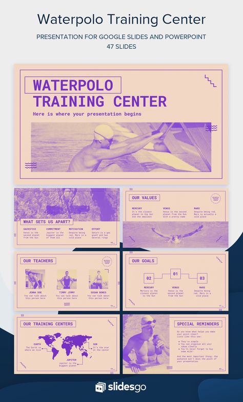 Waterpolo Training Center Google Slides Inspiration, Slides Graphic Design, Cool Presentation Design, Google Slides Design, Graphic Design Presentation, Design Slide, Presentation Slides Design, Powerpoint Slide Designs, Presentation Design Layout