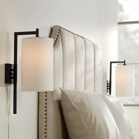 Bixby Modern Wall Mounted Lamps Set of 2 with Cord Black Metal Plug-in Light Fixture White Fabric Drum Shades for Bedroom Bedside House Reading Living Room Home Hallway Dining - Possini Euro Design - - Amazon.com Wall Mounted Bedside Lamps Black, Mounted Lamps Bedside, Lamps On Headboard, Modern Wall Lamp Bedroom, Bedroom Wall Light Fixtures Master, Master Bed Wall Sconces, Bed Side Wall Lights Modern, Bedroom Plug In Wall Lights, Bedside Light Fixtures