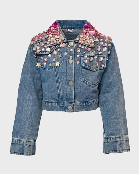 Lola + The Boys "Sparkle Queen" denim jacket embellished with ombré gemstones    Point collar; button front     Asymmetric chest pockets with button closures    Long sleeves; button cuffs    Yoked back    Cotton/spandex    Hand wash or dry clean    Trim: Rhinestone    Imported Unique Denim Jacket, Denim Crop Jacket, Gem Design, Idee Cricut, Embellished Denim Jacket, Occasion Outfit, Denim Jacket Patches, Boy Outerwear, Classic Denim Jacket