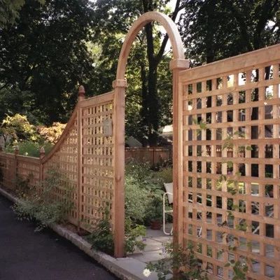 Fence Arbor, Fence With Lattice Top, Cedar Fencing, Wood Lattice, Patio Container Gardening, Contemporary Backyard, Fenced Vegetable Garden, Patio Remodel, Trellis Fence