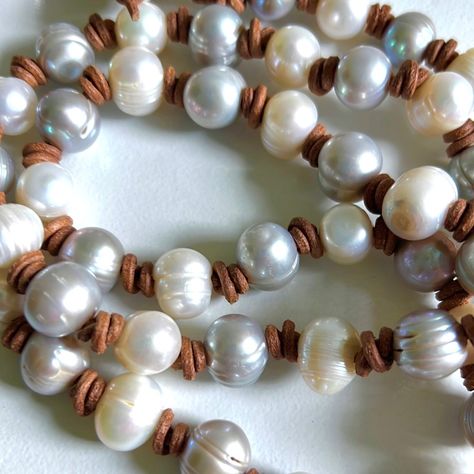 Amazing Designer Boho Chicnecklace Featuring 40” Of Hand Knotted Big White & Gray Freshwater Pearls. 61 In Total On Tan Sueded Leather Opens With Pearl Closure To Style Numerous Ways! All White Longer Version Available In Another Listing. Pearl And Leather Necklace, Leather And Pearls, Pearl Leather Necklace, Leather Pearl Jewelry, Wood Beads Jewelry, Leather Pearl Necklace, Business Art, Boho Chic Necklace, Beaded Jewelry Necklaces