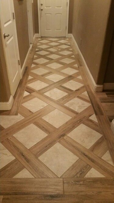 Wood Tile Entryway Design, 12x12 Tile Patterns, Tile Transition To Tile, Wood And Tile Flooring Combination, Entryway Vestibule, Entrance Flooring Ideas, Tile Hallway, Tile Transition, Tile Entry