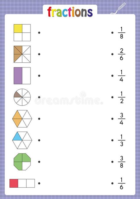 Match Shapes With Correct Fractions, Education, Mathematics, Math Worksheet Stock Illustration - Illustration of answer, circle: 112864719 Teach Fractions, Math Illustration, Fraction Math, Fraction Worksheet, Maths Fractions Worksheets, Fractions Worksheets For Grade 2, Fractions Grade 1 And 2, Like Fractions Worksheet, Worksheet On Fractions For Grade 2