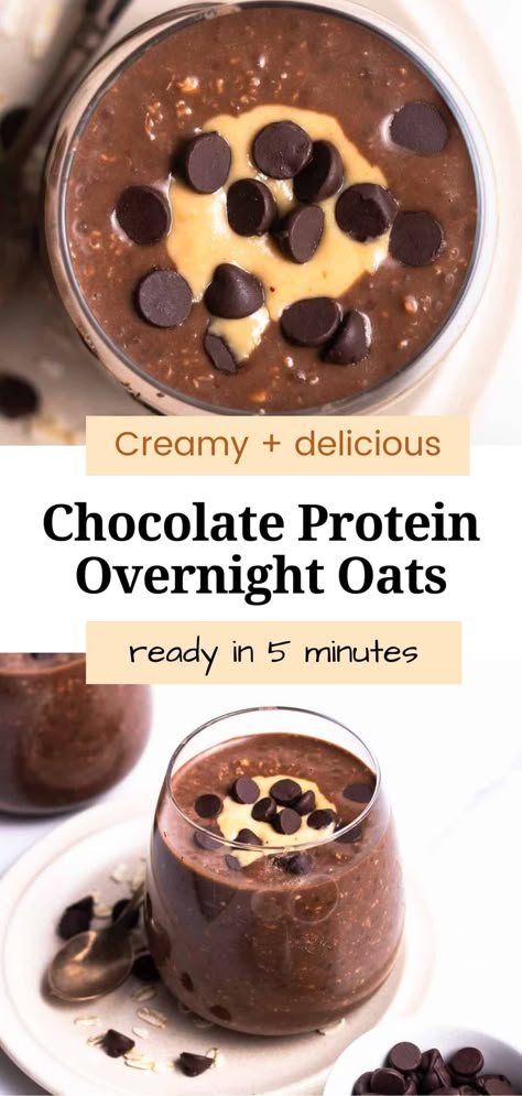 Start your day with this creamy and decadent chocolate protein overnight oats! This refreshing recipe is packed with almost 40g of protein, making it super filling. The best part is you can make it in under 5 minutes. Protein Milk Recipes, Healthy Protein Overnight Oats, Overnight Oats Shake, High Protein Oats Overnight, Good Overnight Oats Recipe, Protein Oats Recipes, Overnight Oats With Protein Shake, Overnight Chocolate Protein Oats, Blended Overnight Oats Recipe Protein