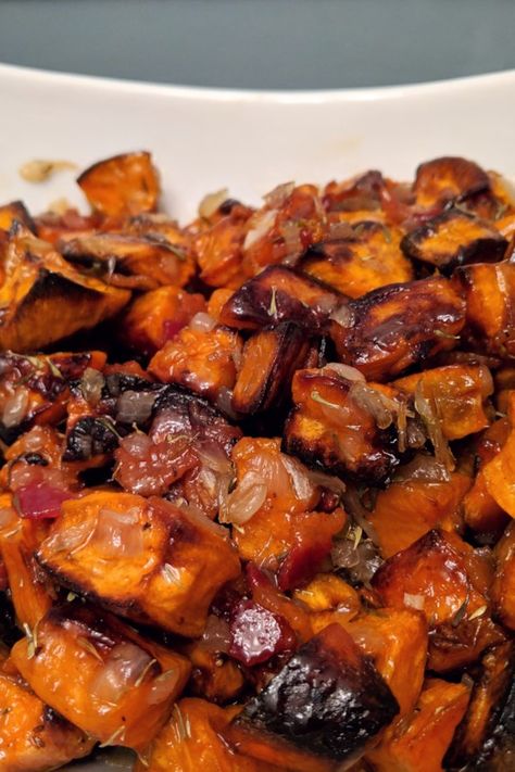 Maple Glazed Sweet Potatoes with Bacon and Caramelized Onions | "This was absolutely delicious! I could have eaten all four portions that I made by myself." #sidedishrecipes #sides #dinnersidedish #sidedishes #sidedishideas Sweet Potatoes With Bacon, Maple Bacon Recipes, Maple Glazed Sweet Potatoes, Dishes For Thanksgiving, Sweet Potato Bacon, Potatoes With Bacon, Sweet Potato Side Dish, Sweet Potato Sides, Sweet Potato Dishes