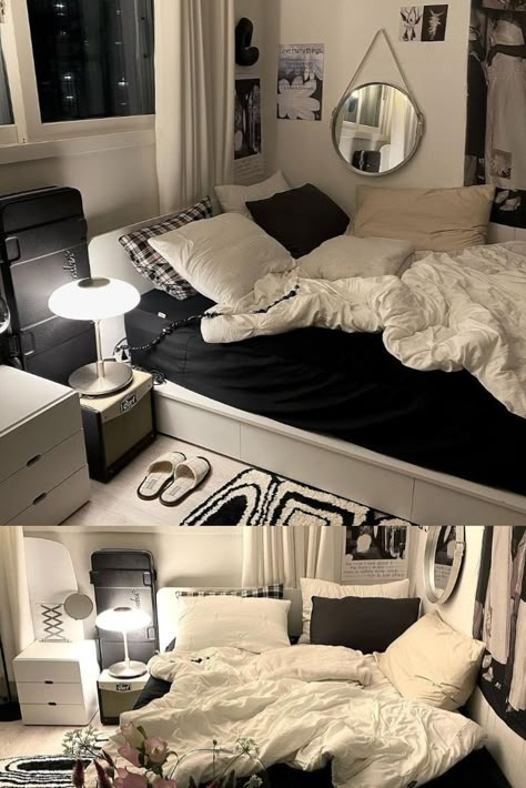 White Bedroom Black Bed, Cozy Room Aesthetic Minimalist, Korean Bedroom Aesthetic Dark, Acubi Bedroom Ideas, Acubi Bedroom, Apartment Black And White, Acubi Room, White Dorm Room, Room Redesign