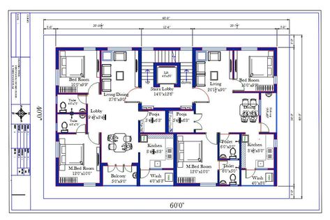 west and east facing direction 60'X40' plot size for 2 BHK apartment house layout plan with furniture drawing which consist 2 bedrooms with attached toilet, kitchen, pooja room, wash area, living room with dining area, staircase, lift ,and balcony. the additional drawing such as a all measurement and description detail for easy to understand this project.download 2400 square feet apartment house plan drawing DWG file. Thank you for downloading the AutoCAD file and other CAD program from our webs 60 X 40 House Plans Layout, Apartment House Layout, 60x40 House Plans, House Plan Drawing, Residential Plan, Living Room With Dining Area, Furniture Drawing, Floor Plan With Dimensions, Flat Plan