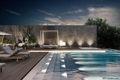 Ibiza villa. Outdoor pool area. on Behance Pool Luxury Outdoor, Poolside Lighting, Pool Clothes, Pool Decorating Ideas, Concept Villa, Insane Pools, Pool House Design, Pool House Decor, Ibiza Villa