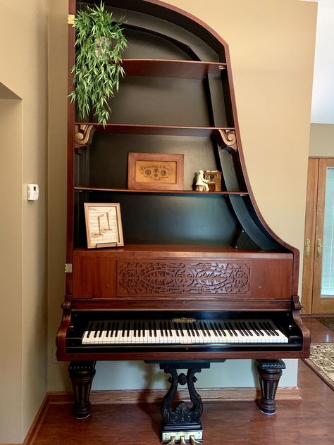 Repurposed Grand Piano, Piano Bookshelf, Piano Shelf, Old Shelves, Piano Upcycle, Piano Grand, Bar Shelving, Old Piano, Piano Decor