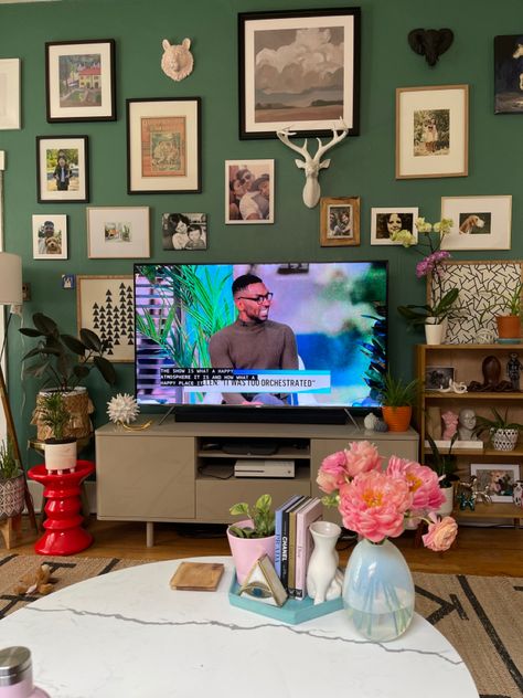 Classy Nerdy Decor, Nerdy Gallery Wall, Nerdy Living Room, Green Accent Wall, Nerdy Decor, Green Accent Walls, Dorm Design, Green Accents, Living Room Tv