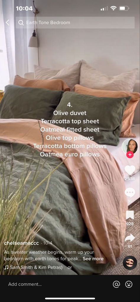 Olive And Sage Bedding, Sheets With Green Comforter, Olive Bed Sheets Aesthetic, Earth Vibes Room, Earthy Green Bedding, Bedding Ideas Earthy, Green Bed Comforter Ideas, Neutral Bedroom With Terracotta, Tera Cotta Bedding