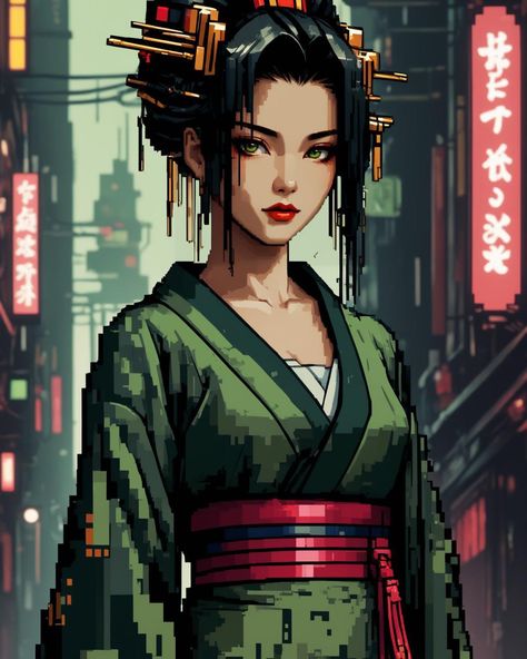 Embracing cyberpunk vibes with a charming geisha in pixel art 🎨 #geisha #cyberpunk #pixelart #green #art #digitalart #beauty #charming #Japan #future #style #design #retro #futuristic #virtualworld #aiart Cyberpunk Geisha, Cyberpunk Elements, Traditional Geisha, Cyberpunk Vibes, Art Geisha, Futuristic Cyberpunk, Geisha Art, Future Style, Cyberpunk Style