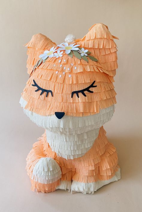 Car Pinata, Pinata Stick, Fox Birthday, Woodland Fox, Fox Design, Corrugated Cardboard, Woodland Creatures, Crepe Paper, Coordinating Colors