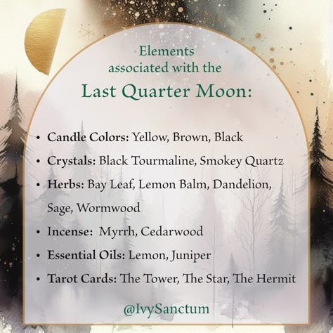 🌗✨ Boost Your Last Quarter Moon Phase Rituals With These Elements ✨🌗 These elements align with the Last Quarter Moon's themes of reflection, release and removal of negative influences, and preparation for new beginnings. Use them to support your magickal rituals and spells during this time: 🕯️ Candle Colors: Black to banish negative energies and provide strong protection. Brown complements this by grounding and neutralizing. Yellow brings clarity and illumination. 💎 Crystals: Black Tourmal... Full Moon Candle Ritual, Last Quarter Moon Spells, Last Quarter Moon Magic, Last Quarter Moon Ritual, Crystals For New Moon, Water Witchcraft, Astral Magic, Moon Worship, Last Quarter Moon