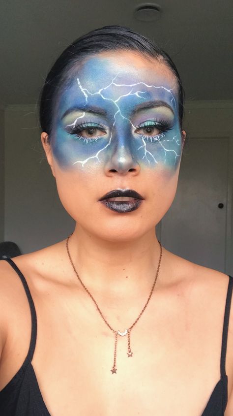 Lighting Bolt Face Paint, Thunder Makeup, Lightning Costume, Lightning Makeup, Lightning Bolt Makeup, Storm Makeup, Makeup Calendar, Rain Makeup, Storm Costume