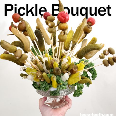 How To Make A Pickle Bouquet, Last Pickle She'll Ever Tickle, Pickle Bouquet Diy, Bouquet For My Sweetie, Pickle Bar Ideas, Pickle Party Theme, Pickle Bouquet, Pickle In A Bag, Pickle Bar