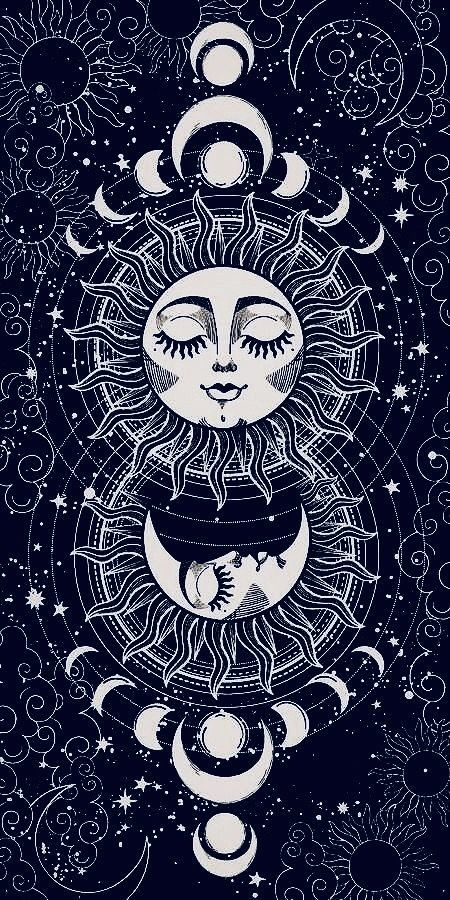 Sol And Luna Aesthetic Wallpaper, Sun Moon Phone Wallpaper, The Moon Tarot Wallpaper, The Moon Tarot Wallpaper Iphone, Sun And Moon Vintage Illustration, Mandala Background Wallpapers, L Wallpaper, Mandala Background, Dark Wallpaper Iphone