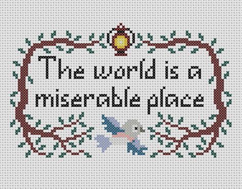 "\"The world is a miserable place,\" or so quipped Beatrice the bluebird. This quote from the hit miniseries Over the Garden Wall can now reside on your wall with the help of this lovely cross stitch pattern. When stitched on 16-count Aida fabric, the finished project will be approximately 6x3.7 inches, or 15x9.5 centimeters. Please note that this listing is for a digital download only of a cross stitch pattern. You will receive no physical copy of the pattern (though you are welcome to print one, should you choose)." Cross Stitch Quotes, Funny Cross Stitch Patterns, Subversive Cross Stitch, Over The Garden Wall, Cross Stitch Funny, Pixel Pattern, Stitch Art, Stitching Art, Alpha Patterns