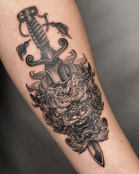 Foo Dog Dragon Tattoo, Calve Tattoo Men Ideas, Foo Dog Arm Tattoo, Dragon On Calf Tattoo, Leg Coverup Tattoo Men, Dragon Calf Tattoo Men, Tattoo Men Ideas Inspiration, Foo Dog Forearm Tattoo, Asian Forearm Tattoo