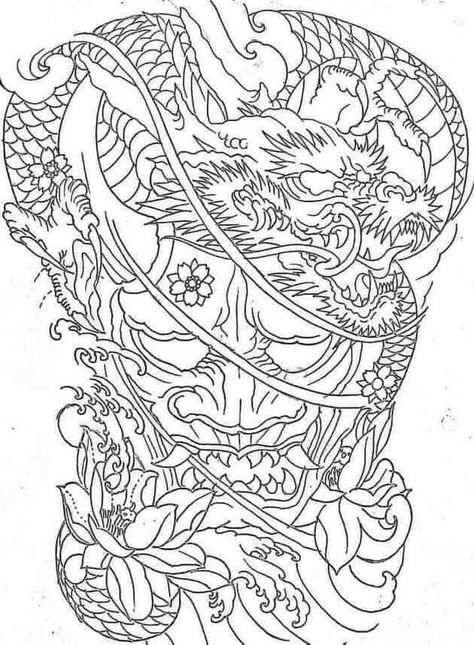 Oni Mask Tattoo Stencil, Full Back Tattoo Stencil, Oni Back Tattoo, Full Back Dragon Tattoo, Back Dragon Tattoo, Dragon Tattoo Full Back, Tattoo Full Back, Dragon Tattoo Outline, Japanese Warrior Tattoo