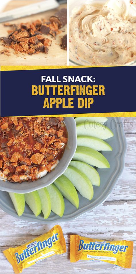 No party is complete without the crispety, crunchety, peanut-buttery taste of Butterfinger candy bars. This Butterfinger Apple Dip is an easy snack recipe that you can serve all fall long. Combine cream cheese, powdered sugar, caramel, and crushed BUTTERFINGER® Fun-Size candy bars to create a sweet dessert dip that pairs well with tart apple slices. Click here for the full easy recipe. Butterfinger Dip, Apple Dip Recipe, Apple Party, Seasonal Baking, Butterfinger Candy, Dessert Dip, Caramel Apple Dip, Leftover Halloween Candy, Caramel Dip