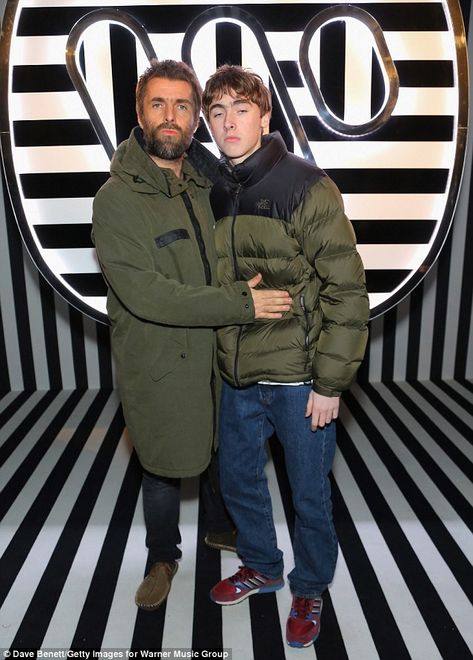 Family outing: Liam Gallagher, 45, struck a matching snarly pose with look-a-like son Gene... #celebritykids #celebrities Lennon Gallagher Style, Gene Gallagher Girlfriend, Liam Gallagher Jacket, Debbie Gwyther, The Gallaghers, Georgia Toffolo, Estranged Daughter, Patsy Kensit, Indie Men