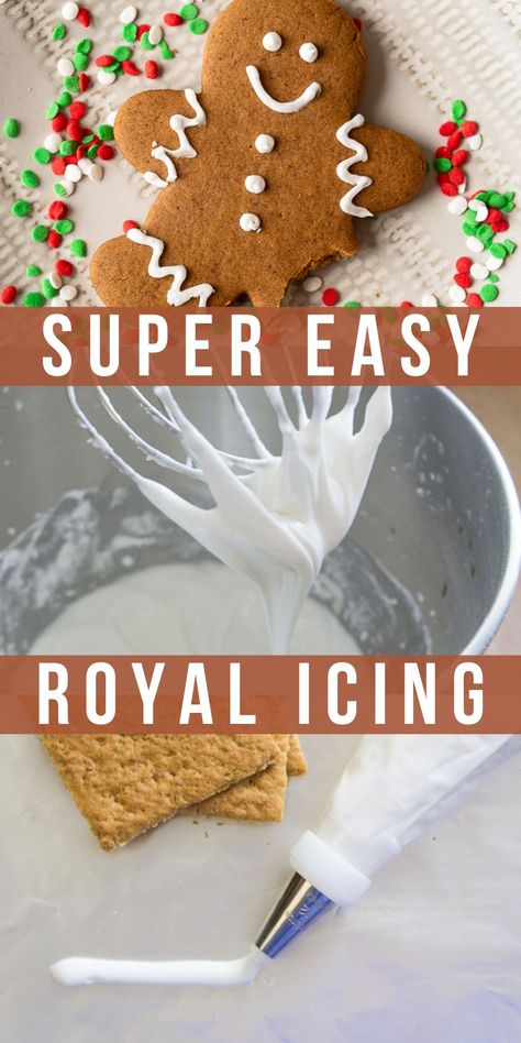 This simple recipe for Royal Icing makes a perfect frosting for sugar cookies and Gingerbread House Glue! Icing Recipe For Decorating Cookies, Ginger Bread Frosting Recipe, Safeway Icing Recipe, Gingerbread Cookies Frosting Recipe, Royal Icing Egg Whites Recipe, Icing For Gingerbread House Recipe, Best Gingerbread Icing Glue, Homemade Icing For Gingerbread House, Easy Gingerbread Icing Recipe