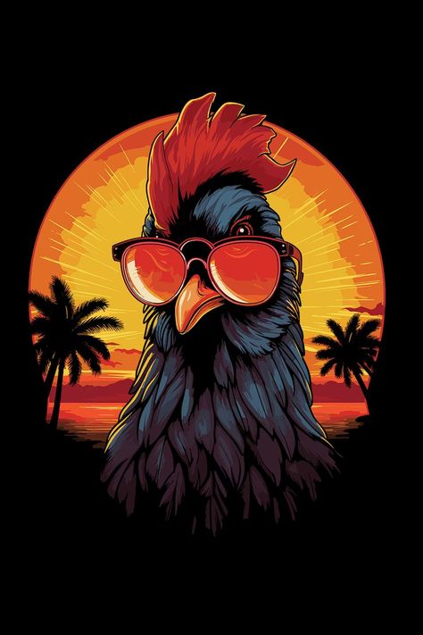 A nice idea for anyone who loves roosters. Vector drawn cartoon rooster illustration with a tropical sunset background. Rooster Funny, Rooster Illustration, Rooster Vector, Cartoon Rooster, Kung Fu Martial Arts, Black Chickens, Tshirt Illustration, Tropical Sunset, Sunset Background