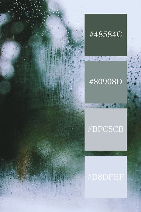 A blurred view through a rain-soaked window, with droplets streaking down, highlighting a subtle grey green color palette that evokes a peaceful, rainy day ambiance. Rainy Color Palette, Rainy Day Color Palette, Grey Green Color Palette, Rain Color Palette, Twilight Color Palette, Color Palette Code, Color Scheme Generator, Color Generator, Code Color