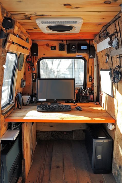 Sprinter van office space. Recycled wooden desk in solar-powered setup.  Cut the cords and harness the sun's power with our ultimate guide to designing a sustainable solar-powered van office. Are you a digital nomad seeking an eco-friendly solution for your mobile workspace? Or simply searching for innovative and sustainable ways to reincarnate your van into a solar-powered paradise? Discover 51…  Read more: https://tastyinteriors.com/generated-post-51-sustainable-solar-van-office-design-tips/ Van Conversion Office, Tiny House Bedroom Ideas, Van Office, House Bedroom Ideas, Tiny House Bedroom, Traditional Office, Campervan Life, Build A Camper Van, Build A Camper