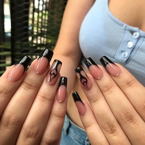 Cute Nail Designs With Black, Nail Art Designs Red And Black, Fire Heart Nails, Black Flame Acrylics, Black Nails With Hearts, Coffin Shaped Nails Designs, Black Heart Flame Nails, Flame Nails Acrylic Black, Black Fire Nails