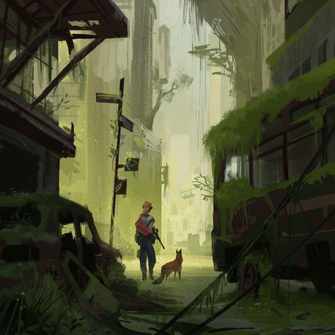 Over Grown City, Post Apocalyptic Drawing, Dystopian Environment, Overgrown City, Apocalypse Landscape, Apocalypse Aesthetic, Environment Painting, Background Painting, Apocalypse Art