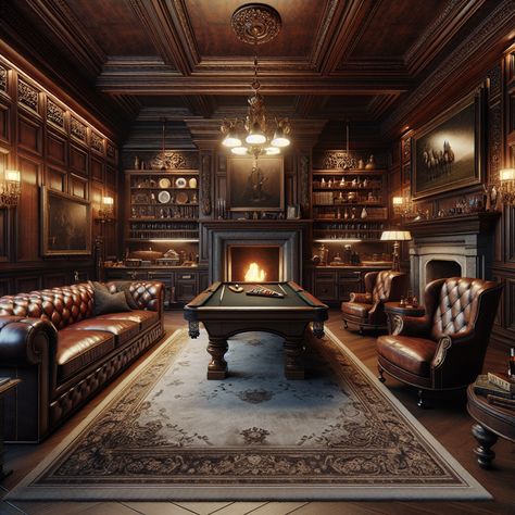 Experience luxury in a classic man cave with dark wood paneling, a leather sofa, stone fireplace, and antique billiard table. Enjoy a well-stocked mahogany bar and displays of vintage memorabilia. The room features plush carpets, high-tech entertainment, and a book-filled library. #LuxuryManCave #VintageInteriors #ClassicDecor #HomeBar #BilliardRoom #AntiqueFurniture Traditional Billiard Room, Vintage Gentleman Room, Home Poker Room, Whisky Lounge, Dark Wood Paneling, Billiards Room Decor, Mahogany Bar, Gentlemen Club, Male Living Space