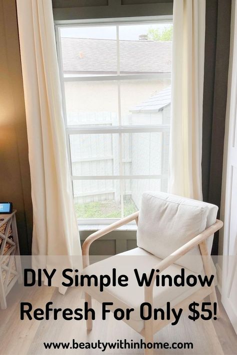 close up of a window with white trim and white grids with ivory curtains and a green wall and an ivory chair in front Fancy Window, Single Pane Windows, Bifold Barn Doors, Diy Shiplap, Perfect Paint Color, Diy Simple, Diy Barn Door, Window Sizes, Diy Window