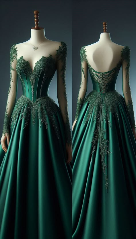 Dark Green Corset Dresses, Dark Green Ball Gown Long Sleeve, Green Regal Dress, Dark Green Lace Wedding Dress, Green Victorian Ball Gown, Slytherin Dress Green Gown, Dark Green Princess Dress, Green Wedding Dress For Bride, Dark Green Wedding Dress