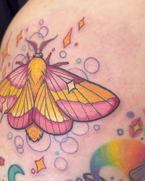 Pastel Moth Tattoo, Rosy Maple Moth Tattoo Design, Rosy Moth Tattoo, Pink And Yellow Moth Tattoo, Rosie Maple Moth Tattoo, Rosey Maple Moth Tattoos, Pink Moth Tattoo, Rosy Maple Moth Aesthetic, Pretty Moth Tattoo