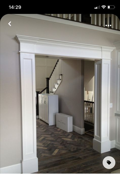 Mouldings And Trim Ideas Door Casing, How To Add Curb Appeal, Craftsman Columns Interior, Front Door Molding Inside, Entryway Casing, Diy Interior Columns, Doorway Columns, Hallway Columns, Framed Archway