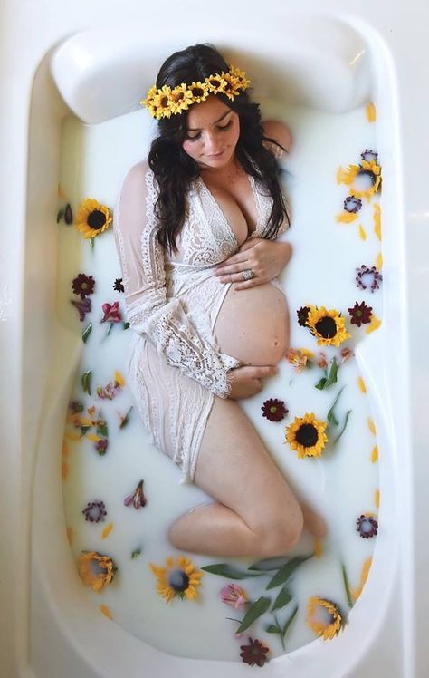 Milk bath maternity photography sunflowers! Maternity Pictures In Bathtub, Floral Milk Bath Maternity, Maternity Milk Bath Poses, Bathtub Photoshoot Maternity, Flower Bath Maternity Shoot, Maternity Photography In Bathtub, Maternity Bath Photoshoot, Maternity Shoot Milk Bath, Pregnant Bathtub Photoshoot