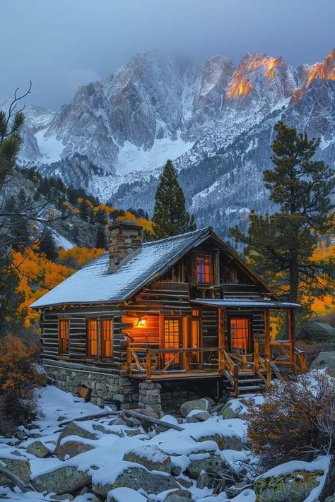 Cabins In Winter, Snowy Cabin Aesthetic, Snowy Mountain Cabin, Canadian Cabin, Winter Log Cabin, Canada Homes, Canada Cabin, Alpine Cabin, Snowy House