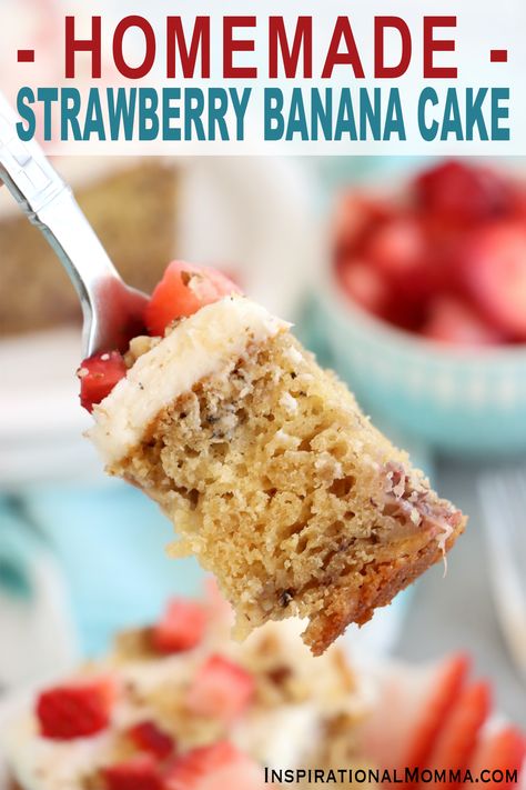 This easy strawberry banana cake is moist, tender, and full of strawberry and banana flavor. And it's all topped with decadent frosting! #inspirationalmomma #easystrawberrybananacake #strawberrybananacake #strawberrybananacakerecipe Strawberry And Banana Cake, Strawberry And Banana Dessert, Strawberry Banana Cake Recipe, Banana Strawberry Cake, Strawberry Banana Dessert Recipes, Strawberry Banana Recipes, Strawberry Banana Desserts, Strawberry Banana Cake, Strawberry Banana Cakes