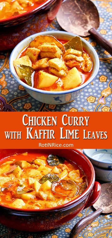 This delicious Nyonya Chicken Curry with Kaffir Lime Leaves is rich, creamy, spicy, and tangy. Kaffir lime leaves make the curry very aromatic. | RotiNRice.com #chickencurry #currychicken #nyonyacurry #kaffirlime Kaffir Lime Leaves Recipes, Kaffir Lime Recipes, Nyonya Food, Curry Food, Asian Recipe, Lime Leaves, Lime Recipes, Kaffir Lime Leaves, Spicy Soup