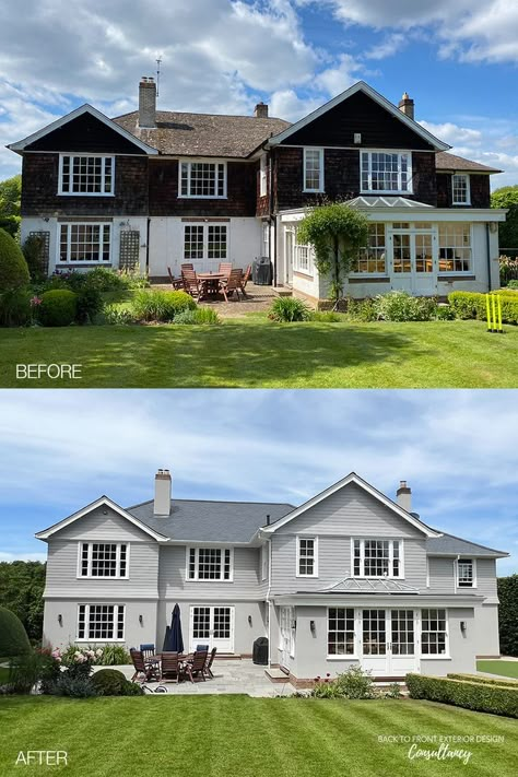 Before and after of a large detached family home. Before shows white bricks, brown tile hanging and brown tile roof. After shows soft grey rendered walls, weather boarding of the top half of the house and a new slate roof. Set in beautifully landscaped gardens. Grey Rendered House Exterior, Render And Cladding House Exteriors, Render And Cladding, 1920s Family, Soft Landscaping, House Investment, New England Style Homes, Rendered Houses, Window Paint