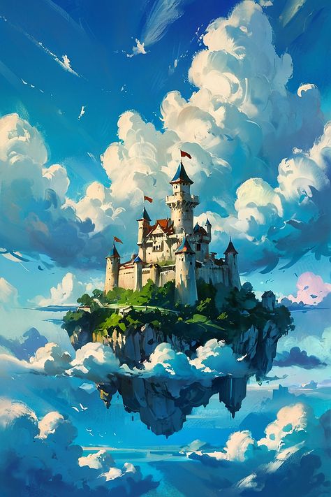 ☁️🏰 Imagine living in a castle that floats among the clouds! This whimsical citadel offers breathtaking views and a sense of boundless freedom. #CloudCitadel #SkyHighLiving #FantasyDreams Flying Castle Fantasy Concept Art, Cloud Castle Drawing, Castle In The Sky Painting, Floating Castle Drawing, Castle On Clouds, Flying Castle, Castle On A Cloud, Whimsical Castle, Environments Art