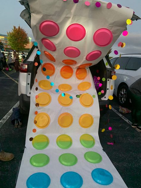 Giant Candy Decorations Diy Halloween, Lifesize Candy Decorations, Dot Candy Decorations, Candy Office Decorations, Charlie And The Chocolate Factory First Birthday, Diy Oversized Candy Decorations, Candy Theme Parade Float, Candy Land Trunk Or Treat Ideas Diy, Giant Halloween Candy Decorations