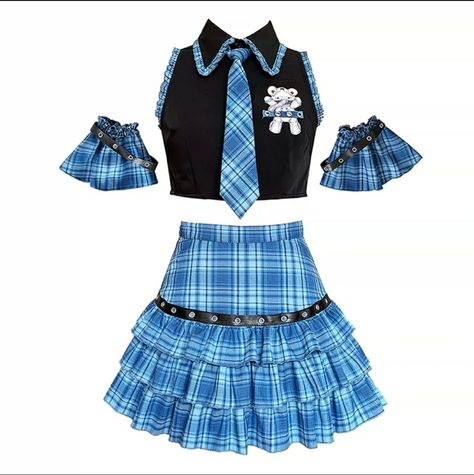 from taobao K Pop Outfits Stage, Stage Outfits Kpop Ideas, K Pop Stage Outfits, Kpop Outfits Stage, Kpop Stage Outfits Ideas, Virtual Girlfriend, Pleated Plaid Skirt, Blue Plaid Skirt, Plaid Skirt Set