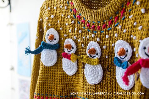 Ugly Christmas Sweaters: The inspo you've been waiting for! | Lion Brand Notebook Snowman Patterns, Christmas Applique Patterns, Christmas Crochet Blanket, Crochet Christmas Hats, Crochet Sweater Design, Christmas Jumper Day, Snowman Sweater, Jumper Pattern, Crochet Snowman