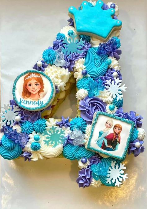 Number 4 Frozen Birthday Cake, Frozen Cookie Cake, Frozen Number Cake, Frozen Cupcake Cake, Number 4 Cake, Frozen First Birthday, Frozen Tea Party, Disney Princess Birthday Cakes, Frozen Themed Birthday Cake