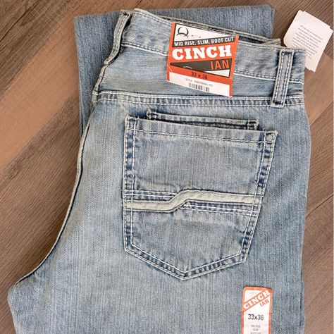 New With Tags. Cinch Jeans, Boot Cut, Slim Fit, Light Wash, Style- Ian Cinch Jeans, Cowboy Stuff, Country Clothing, Cowboy Outfits, Denim Details, Country Outfits, Jeans Color, Jeans Boot Cut, Colored Jeans